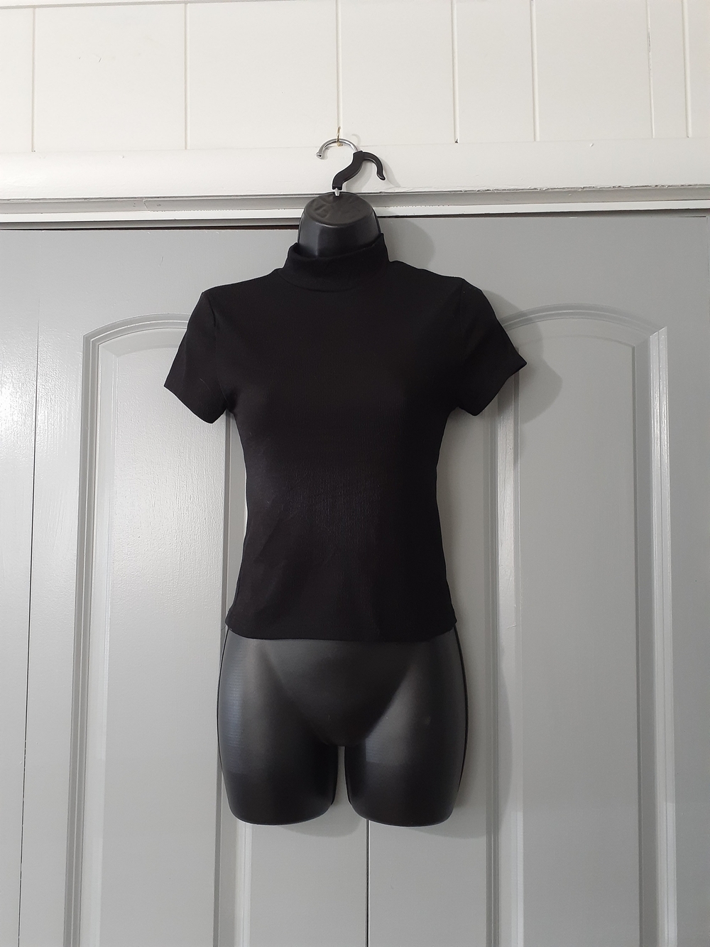 One Step Up Black Ribbed Short-Sleeve Mock Neck Top